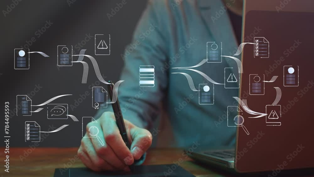An animated series of icons with symbols of accumulation and storage of information, questions and answers with information transfer loops against the background of a person working with a tablet. Cg