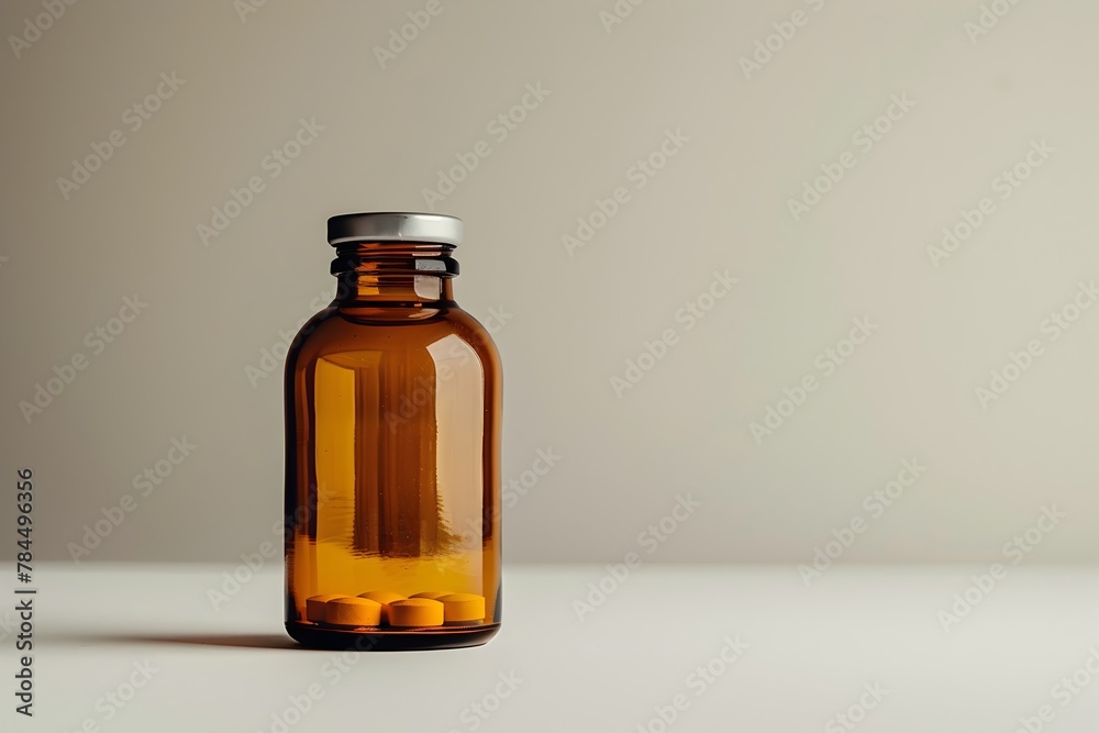 Amber Glass Medicine Bottle on Minimalist Background Amber Glass Medicine Bottle on Minimalist Background