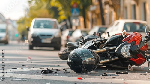 Overturned motorcycle and helmet on the street after collision with the car