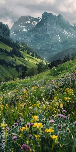 Mountain, Alpine Meadows: Picturesque meadows found at higher altitudes, often with wildflowers. Close Up. 