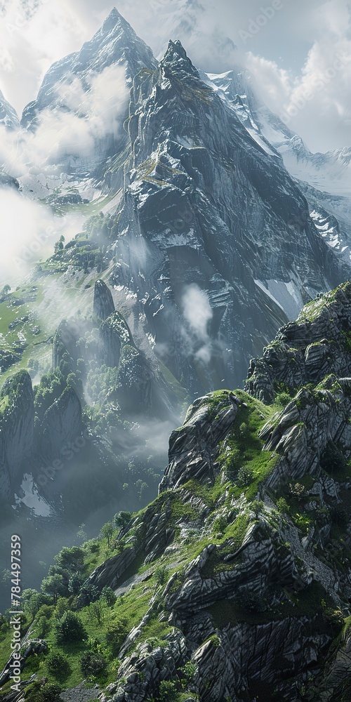 Naklejka premium Mountain, Remote and Untouched: Pristine, untouched mountain landscapes highlighting natural beauty. Close Up.