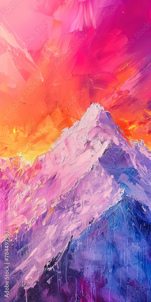 Obraz premium Sunset hues on icy summit, close up, vibrant sky, chilly air 