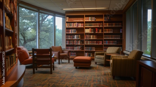 quiet and contemplative study rooms with comfortable seating, organized bookshelves, and conducive lighting, providing ideal environments
