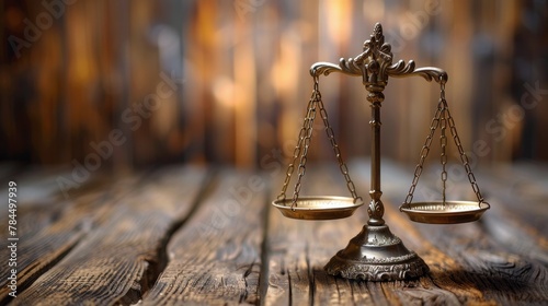 Scale of Justice on Wooden Table photo