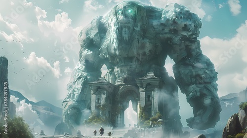 A towering golem constructed from shards of crystal and stone, its eyes glowing with an otherworldly energy as it stands guard over a hidden temple