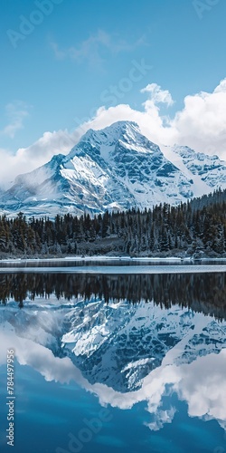 Reflection of snowy peak in lake, close up, pristine mirror, untouched 
