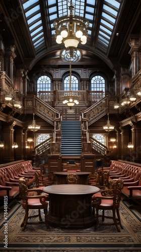 A Realistic and Detailed Interior of a Courtroom