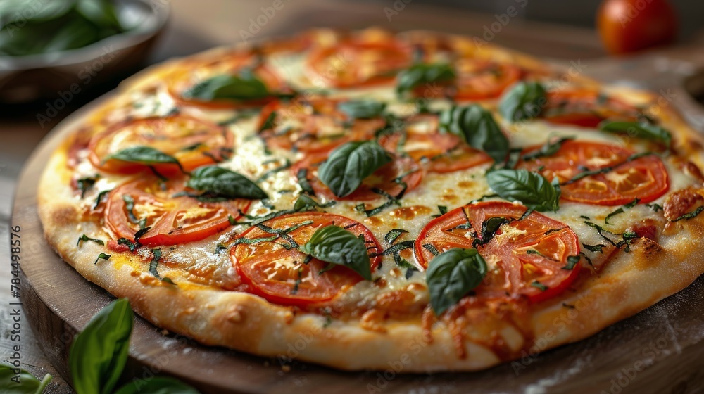Pizza With Tomatoes and Basil on a Wooden Board