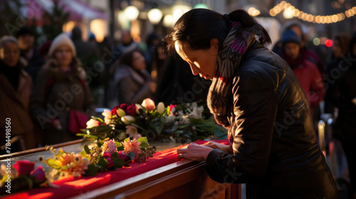 Woman crying near the coffin, funeral scene © Kondor83