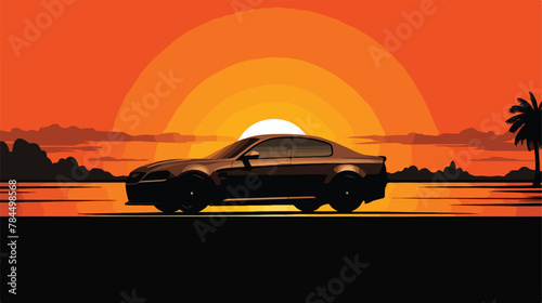Silhouette car logo with sunset 2d flat cartoon vac