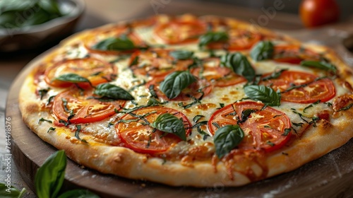 Pizza With Tomatoes and Basil on a Wooden Board