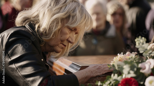 Woman crying near the coffin, funeral scene