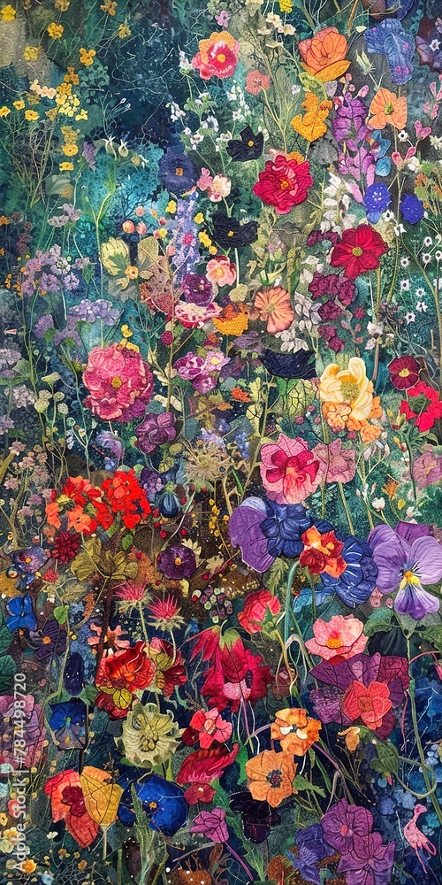 Alpine meadow blooms, close up, aerial hint, patchwork of colors Alpine meadow blooms, close up, aerial hint, patchwork of colors