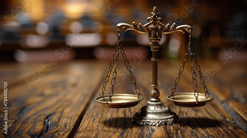 Scale of Justice on Wooden Table