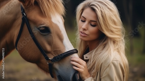 Beautiful young blond woman with a horse. She looks at her horse, strokes, hugs and enjoys it. The concept of love for nature, human interaction with nature and animals. © NB arts