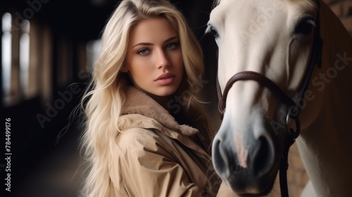 Beautiful young blond woman with a horse. She looks at her horse, strokes, hugs and enjoys it. The concept of love for nature, human interaction with nature and animals.