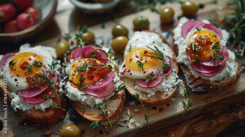   A tight shot of a plates' edge, showcasing eggs and toppings atop sliced bread Tomatoes and olives decorate the background