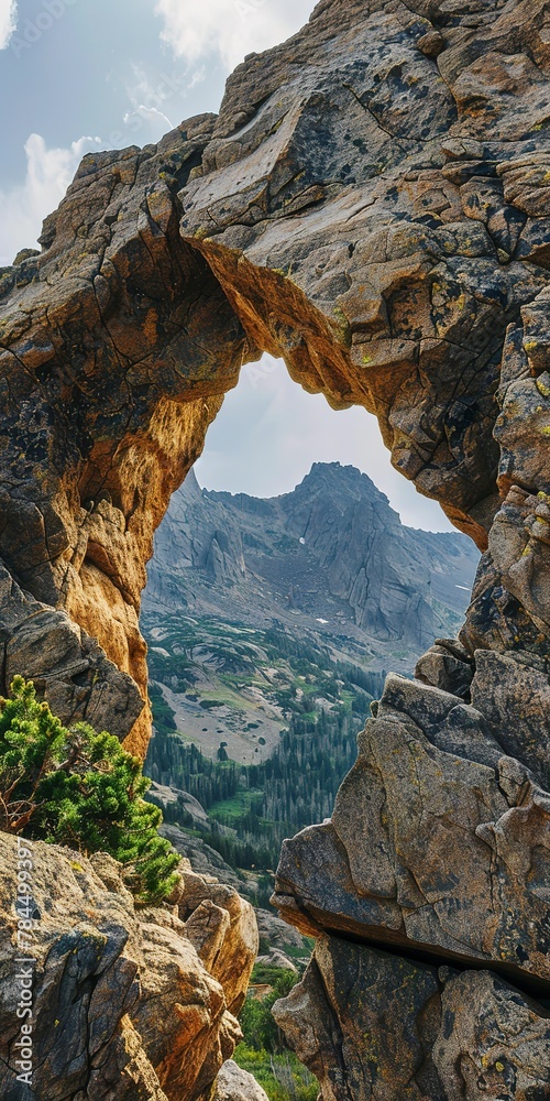 Rock arch formation, close up, framing mountain vista, natural wonder 