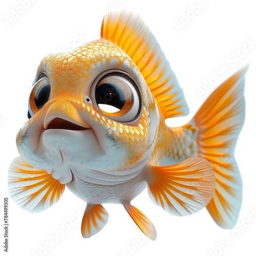 Angled view of a smiling 3D cartoon illustration of swimming charming Platies Fish isolated on a white transparent background. photo