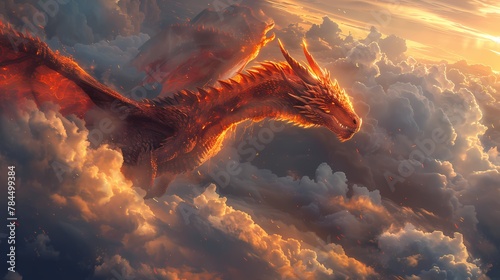 Sunlight filtering through the clouds, highlighting the contours of a dragon's wings as it soars against the azure sky