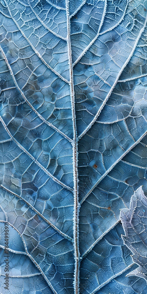 Obraz premium Frost patterns on leaf, close up, crisp morning, transition of fall to winter 