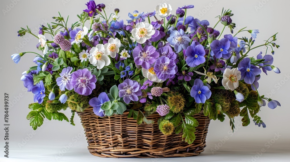   A white table holds a basket brimming with purple and white flowers against a backdrop of a white wall