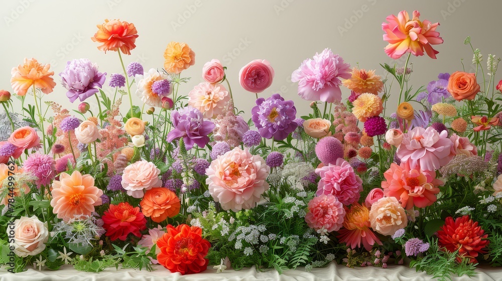   A table holds a floral arrangement against a white wall, in a flower pot