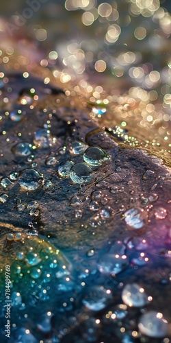 Water droplets from waterfall, close up, rainbow prism, misty air