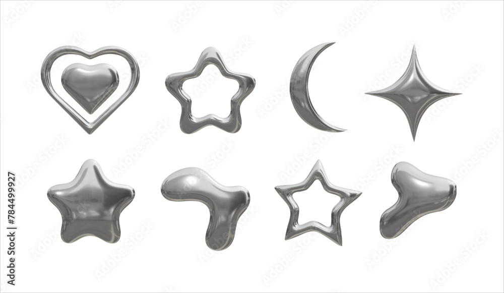realistic 3D metal shapes set in y2k style on transparent background realistic 3D metal shapes set in y2k style on transparent background
