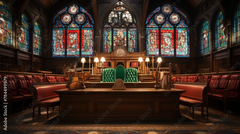 A Realistic and Detailed Interior of a Courtroom