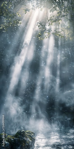 Sunbeam through waterfall mist  close up  ethereal light  serene ambiance 