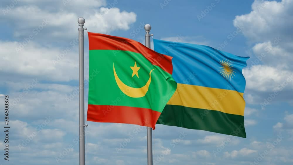 Republic of Rwanda and Mauritania two flags waving together, looped video, two country cooperation concept Republic of Rwanda and Mauritania two flags waving together, looped video, two country cooperation concept