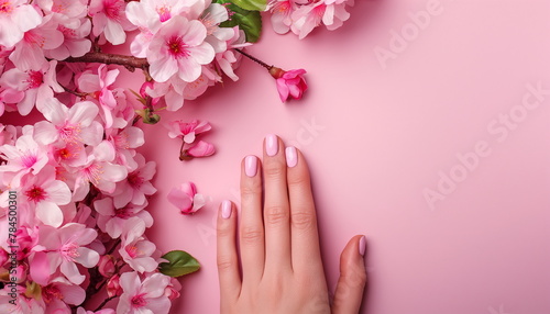 Feminine hand with pale pink nails and cherry blossoms  ideal for spring and beauty concepts