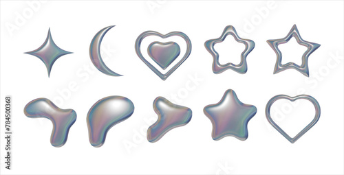 3d liquid metal elements with rainbow refraction in y2k style isolated on transparent background