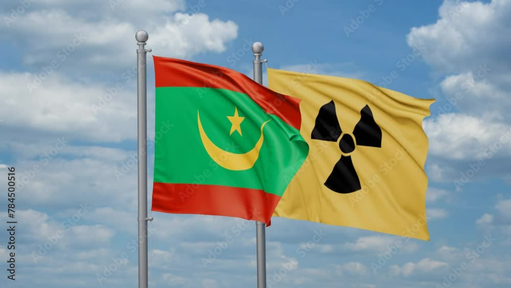 Mauritania and Radiation danger flags waving together on looped video, radiation hazard and pollution, nuclear warning concept Mauritania and Radiation danger flags waving together on looped video, radiation hazard and pollution, nuclear warning concept