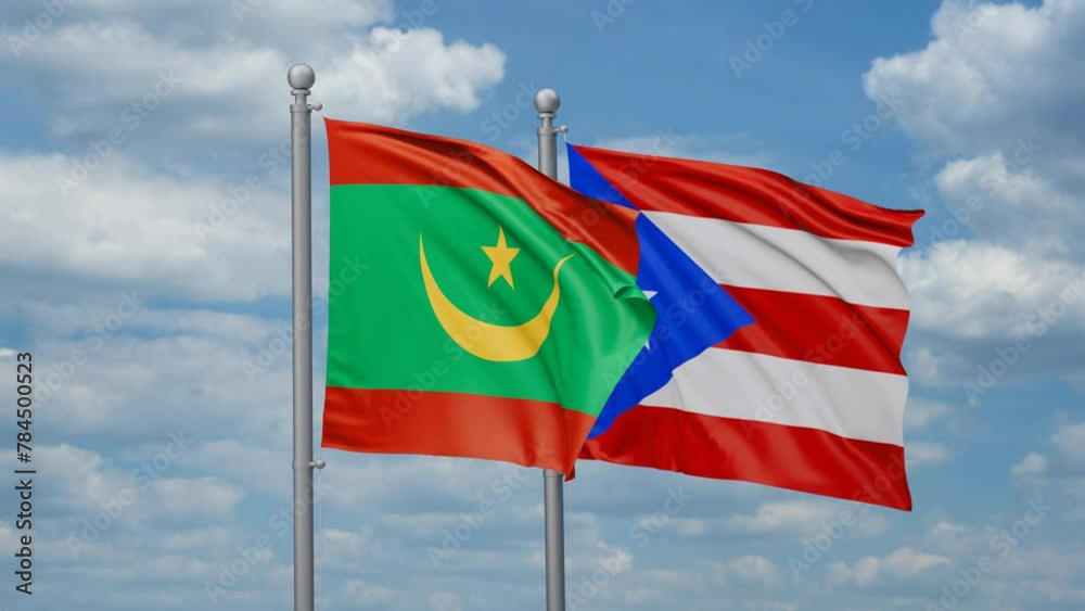 Puerto Rico and Mauritania two flags waving together, looped video, two country cooperation concept Puerto Rico and Mauritania two flags waving together, looped video, two country cooperation concept