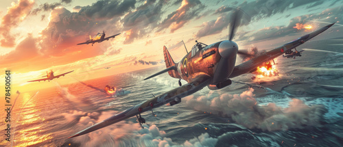 WW2 British Spitfire planes flying over the ocean during sunset with smoke and fire in the background photo