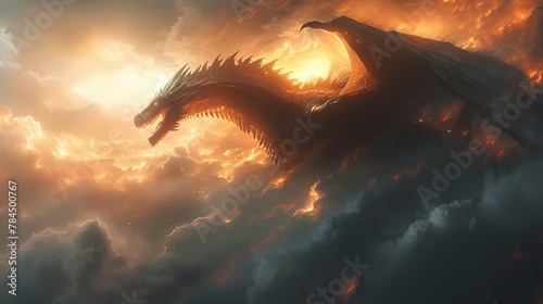 The silhouette of a dragon against a backdrop of billowing clouds, its wings spread wide as it soars effortlessly