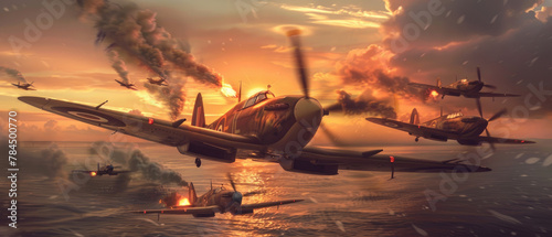 WW2 British Spitfire planes flying over the ocean during sunset with smoke and fire in the background