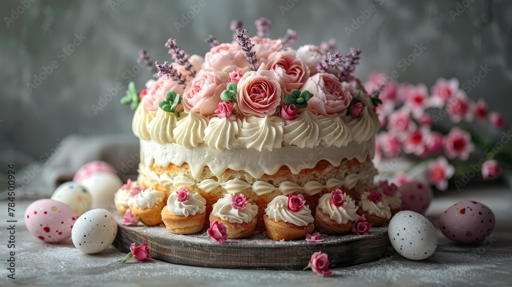   A wooden platter holds a cake topped with white frosting and pink flowers Surrounding the platter are eggs and more flowers