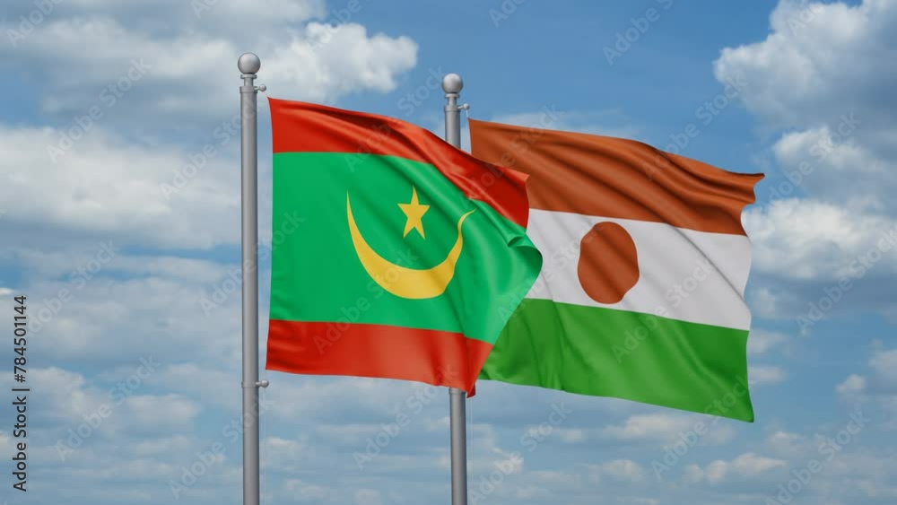 Niger and Mauritania two flags waving together, looped video, two country relations concept Niger and Mauritania two flags waving together, looped video, two country relations concept