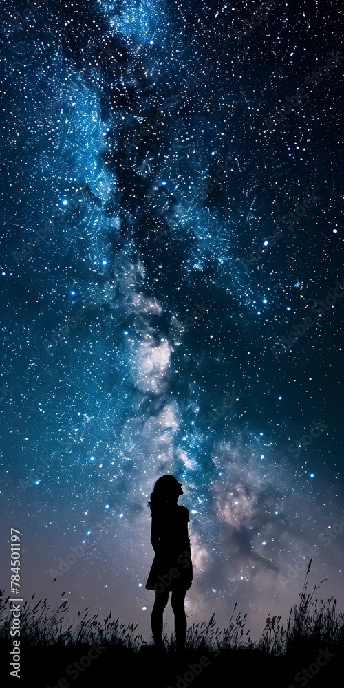 Stargazer's silhouette, close up, gazing up, awe, vast universe Stargazer's silhouette, close up, gazing up, awe, vast universe