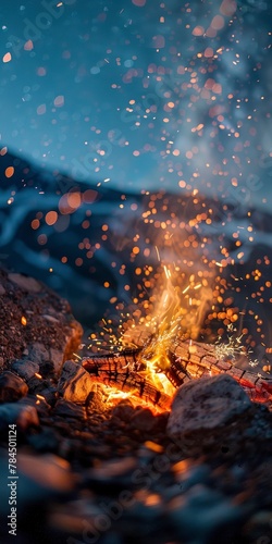 Campfire sparks flying, close up, starry sky above, mountain wilderness