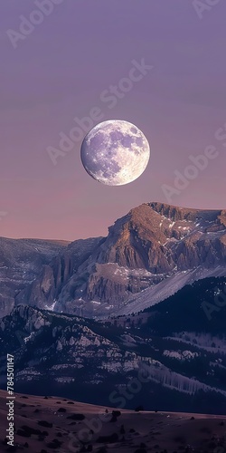 Moonrise over mountain, close up, craters visible, twilight hues 