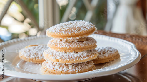 Alfajores with dulce de leche and coconut on a white plate, an argentinian delicacy