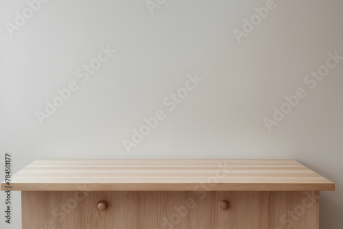 Empty minimal natural wooden table counter podium, beautiful wood grain in sunlight, shadow on white wall for luxury cosmetic, skincare, beauty treatment, decoration product display background.