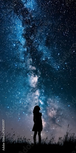 Stargazer's silhouette, close up, gazing up, awe, vast universe