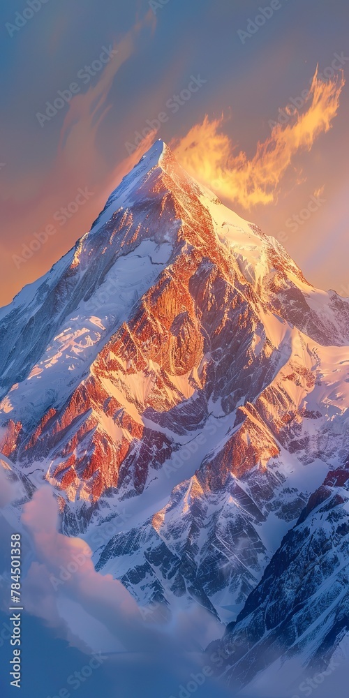 Icy peak at sunrise, close up, golden light on snow, majestic 