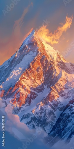 Icy peak at sunrise, close up, golden light on snow, majestic 