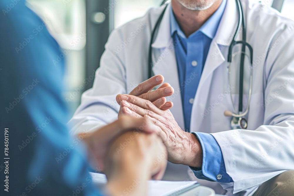 A doctor and a patient are seated at a table, engaged in a medical consultation A doctor and a patient are seated at a table, engaged in a medical consultation